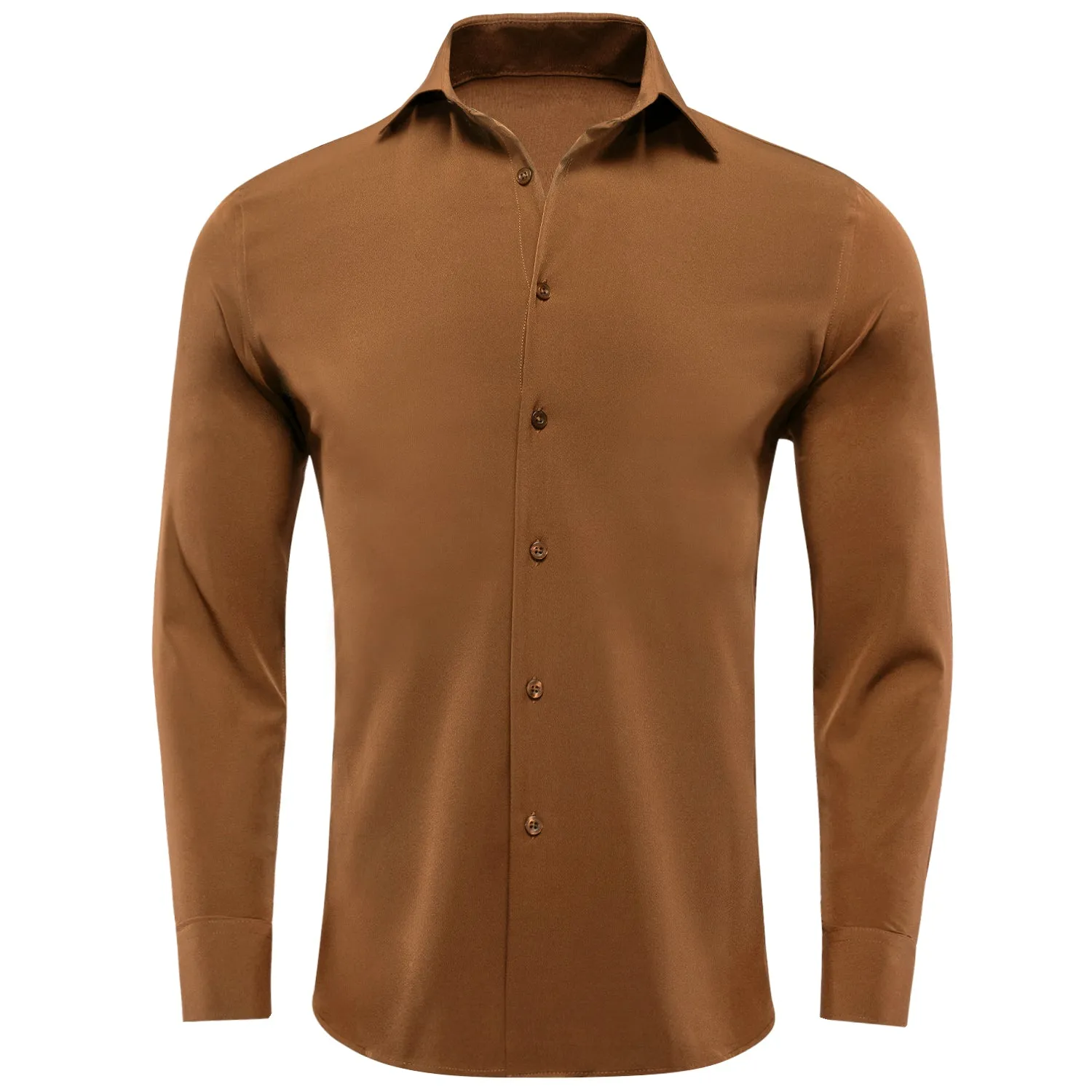 Hi-Tie Brown Dress Shirt Solid Stretch Mens Collared Long Sleeve Shirt