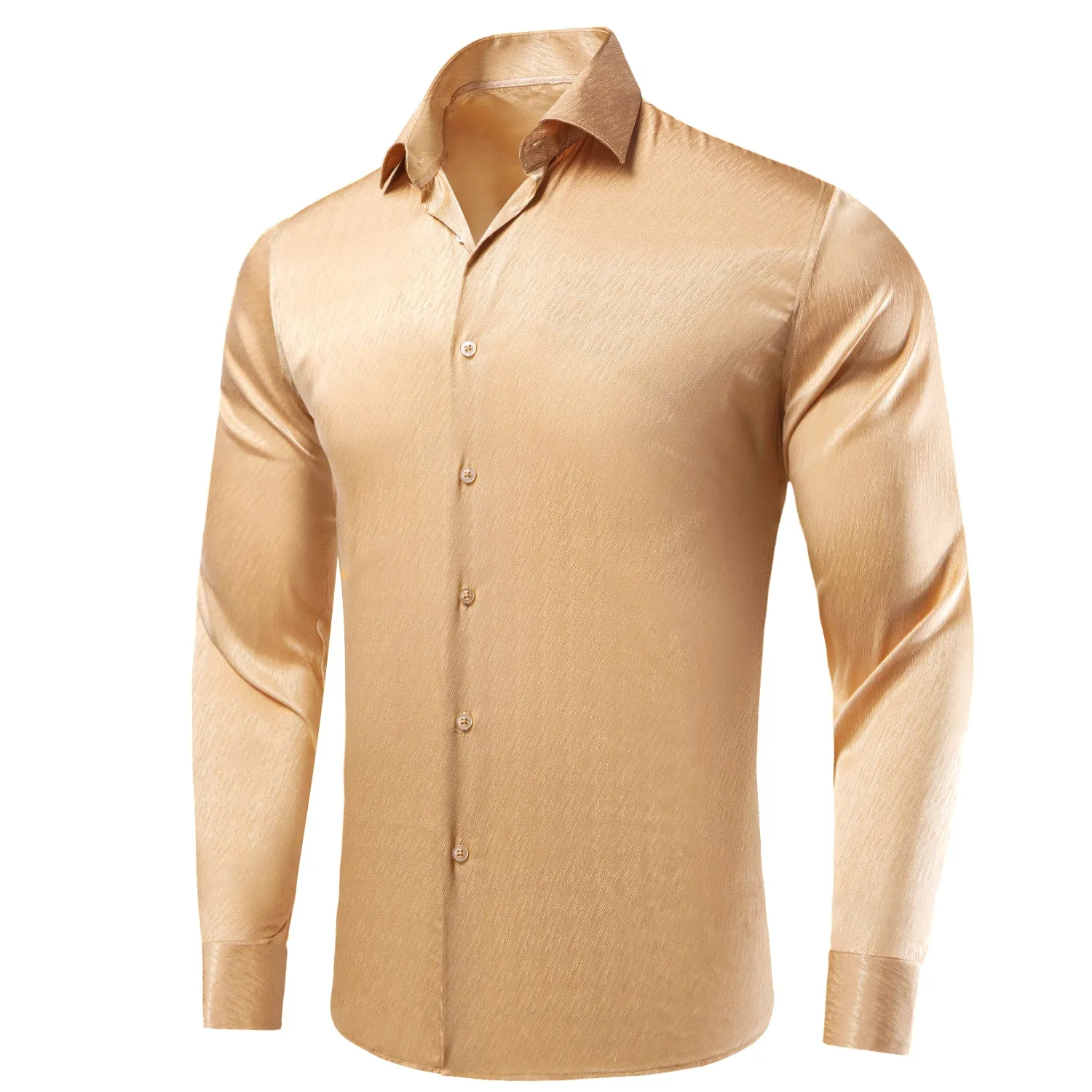 Hi-Tie Yellow Shirt Beige Solid Silk Men's Long Sleeve Dress Shirt