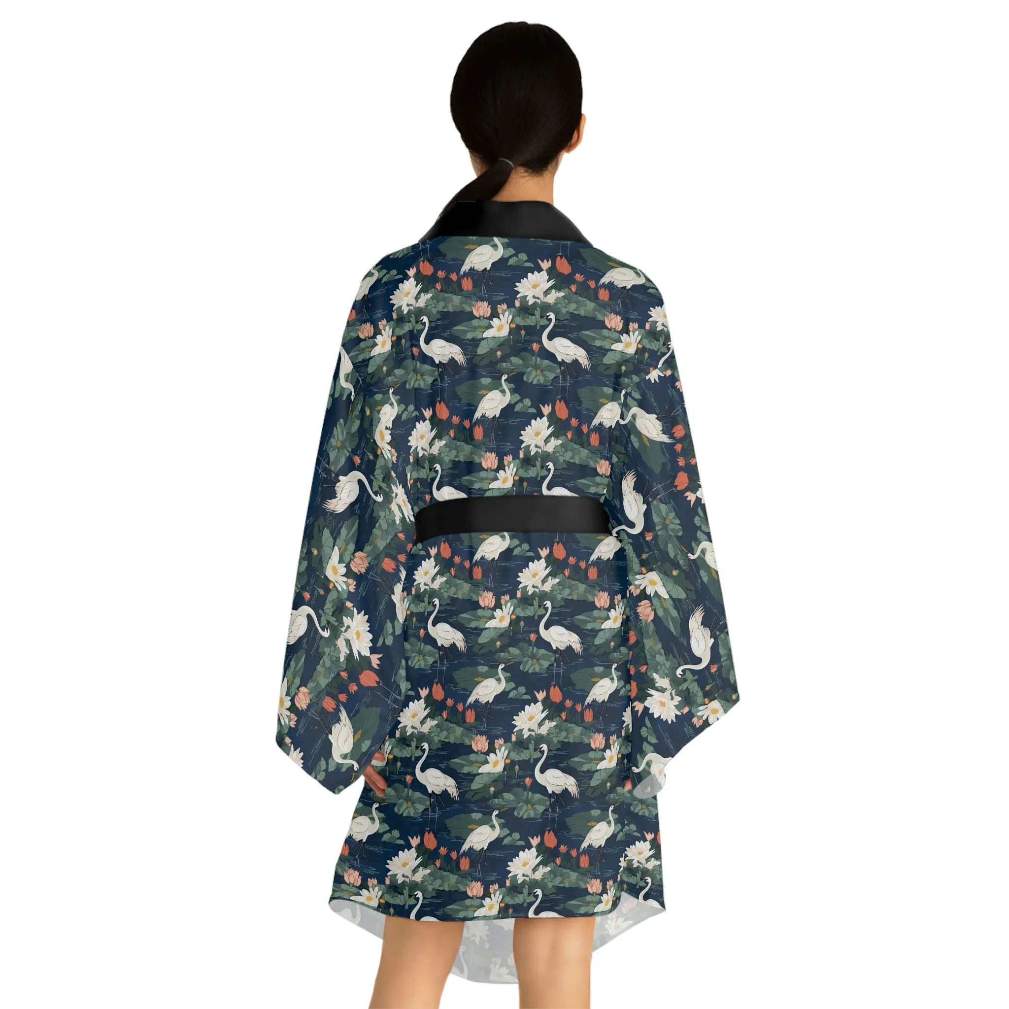 Japandi Whooping Crane Pattern Long Sleeve Kimono Robe