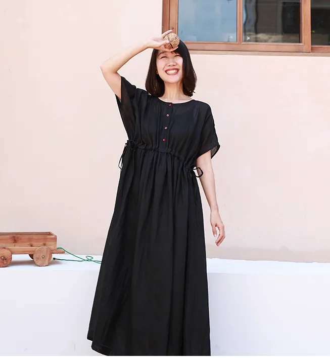 Loose Style Linen Summer long Women Dresses Short Sleeve 90423 YOU