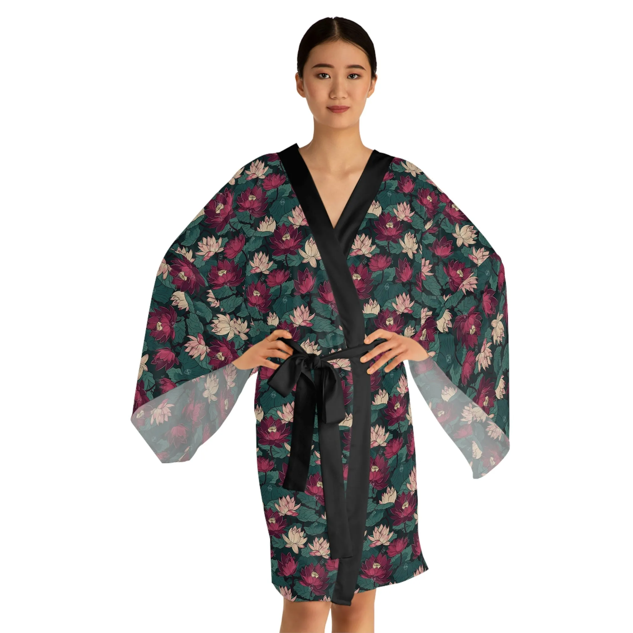 Lotus Flowers with Lily Pads Pattern Long Sleeve Kimono Robe