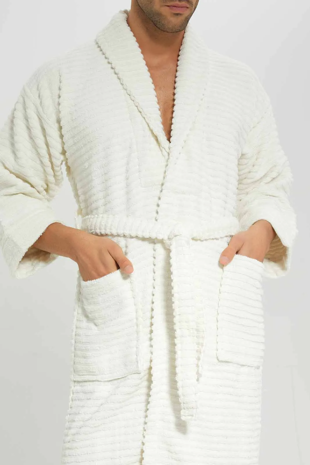 Men Cream Ribbed Bathrobe