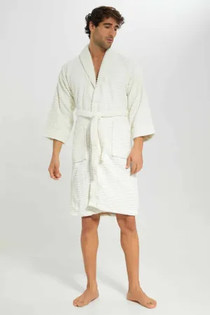 Men Cream Ribbed Bathrobe