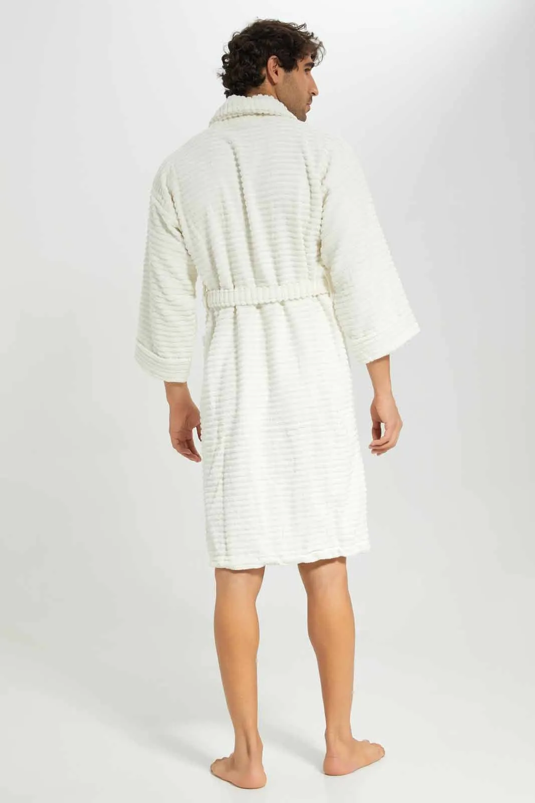 Men Cream Ribbed Bathrobe