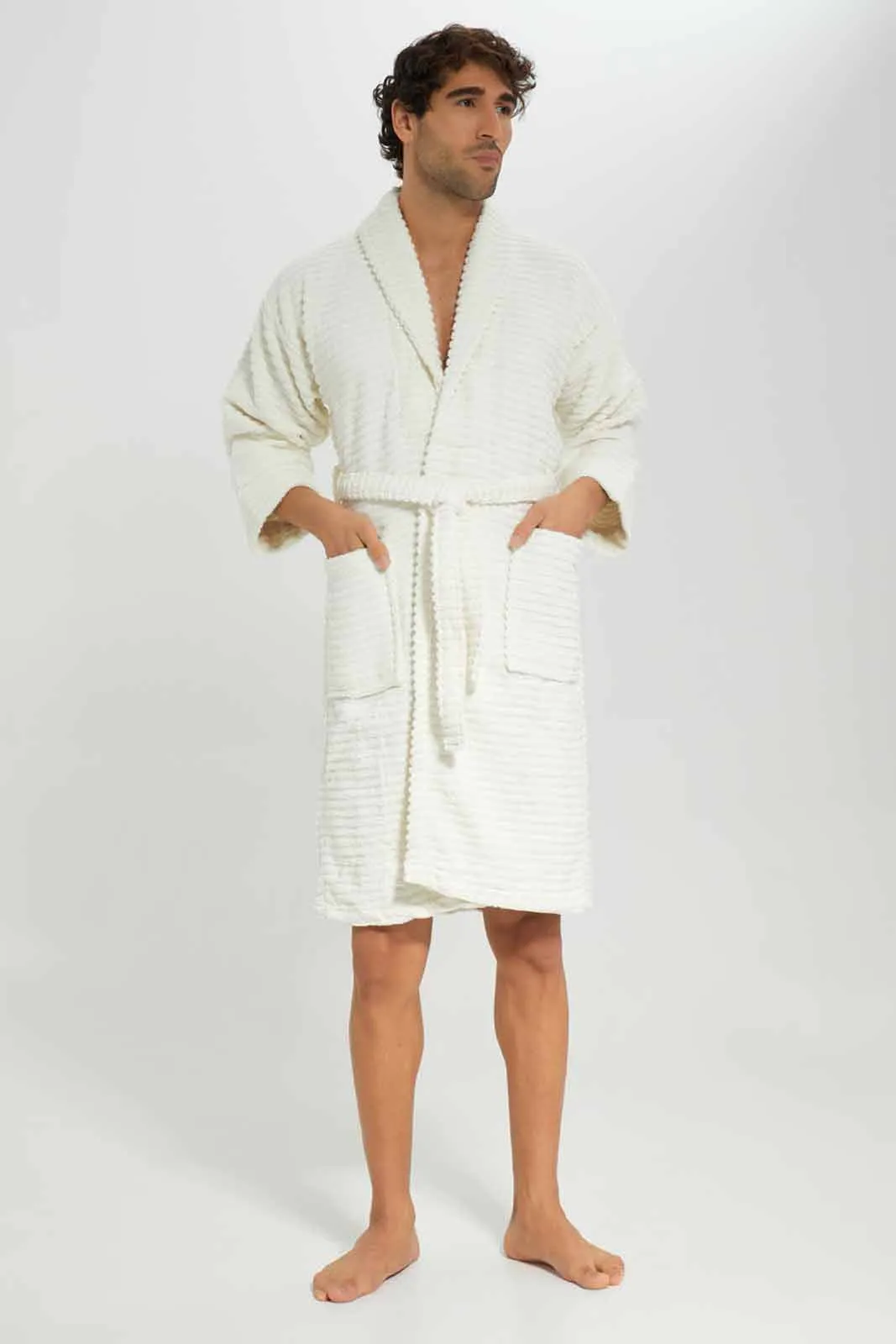 Men Cream Ribbed Bathrobe