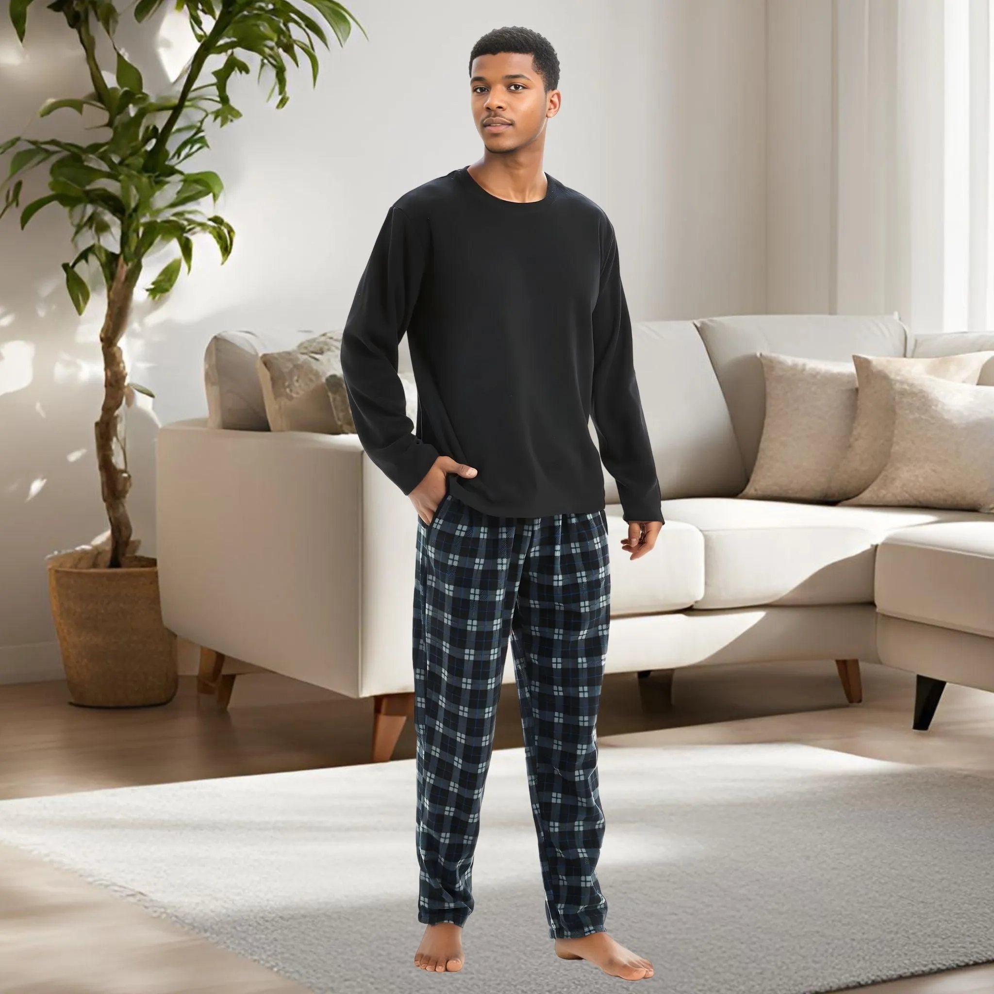 Men's Pyjamas Set Long Sleeve Black Comfy Fleece Loungewear.