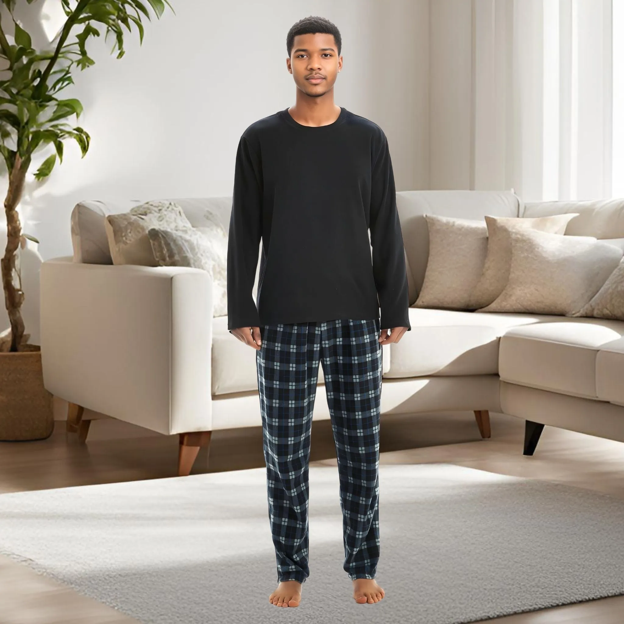 Men's Pyjamas Set Long Sleeve Black Comfy Fleece Loungewear.