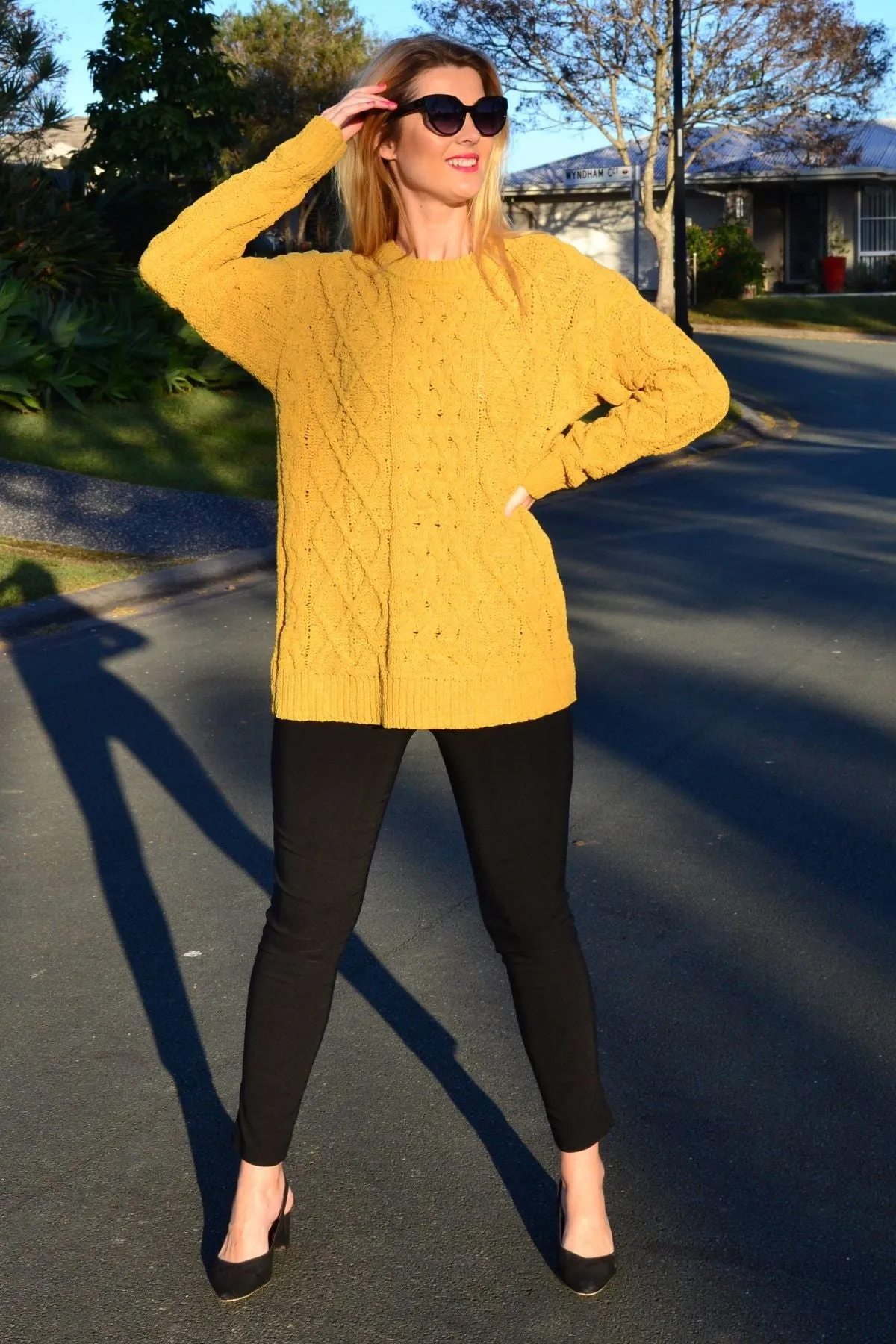 Mustard Yellow Chain Stitch Knit Tunic Jumper