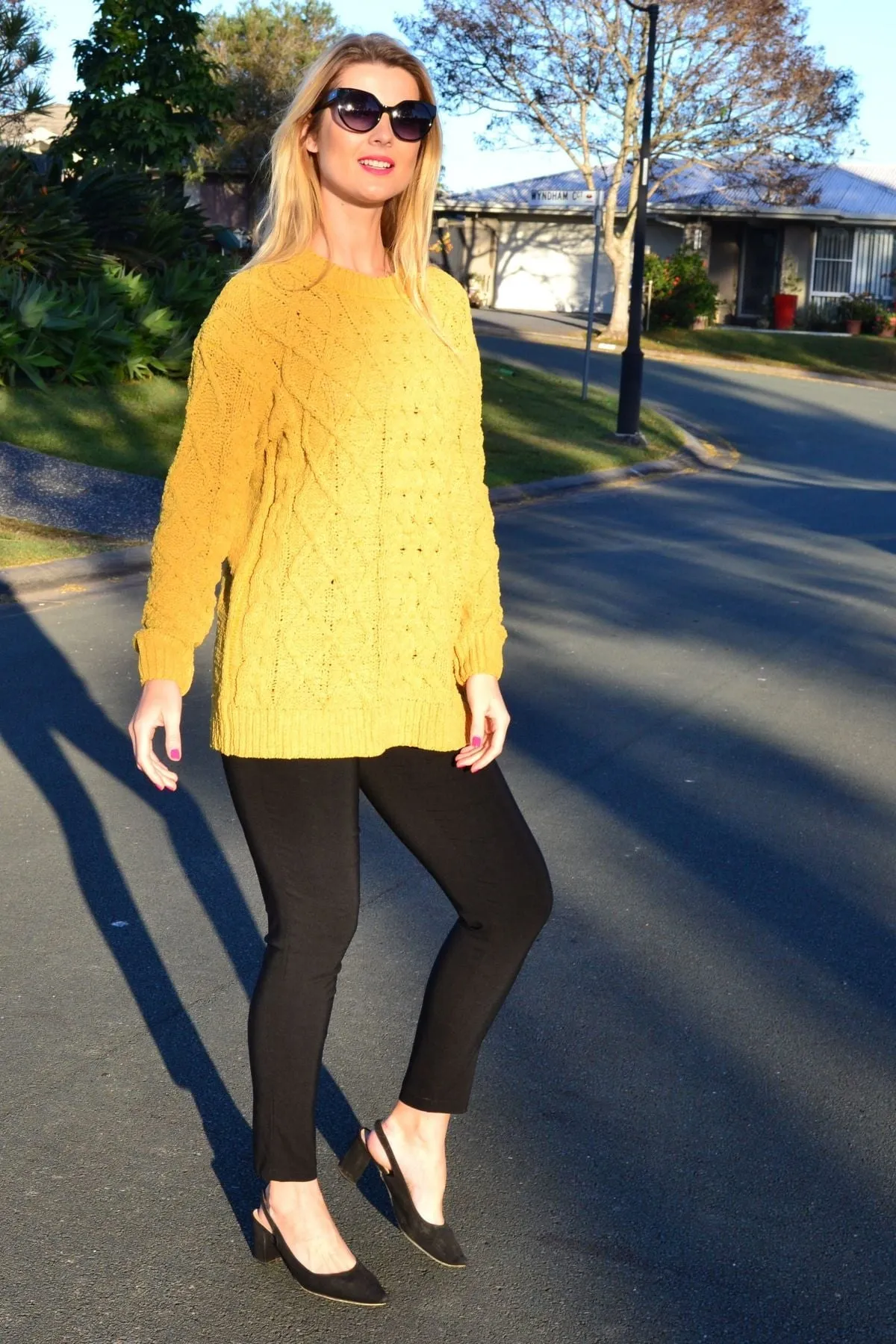 Mustard Yellow Chain Stitch Knit Tunic Jumper