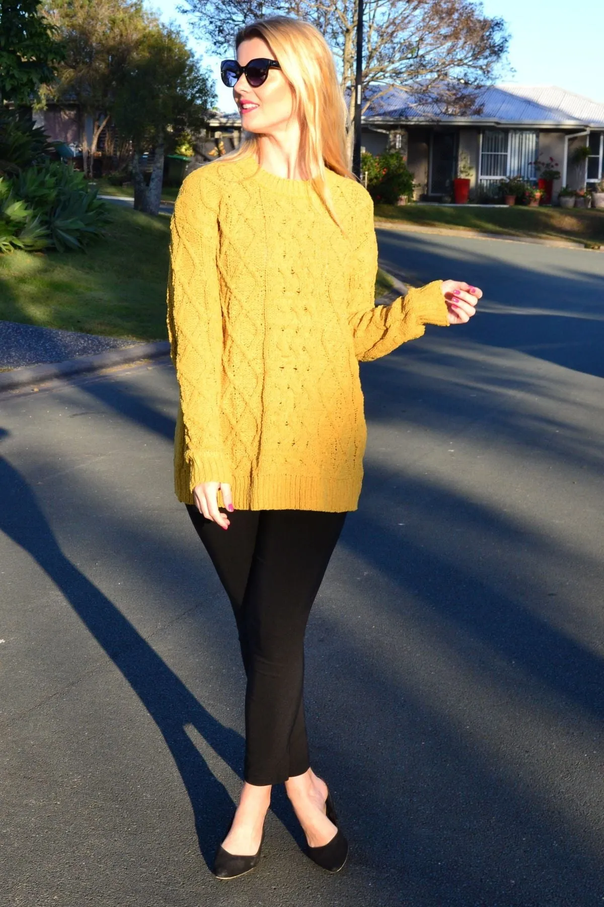 Mustard Yellow Chain Stitch Knit Tunic Jumper