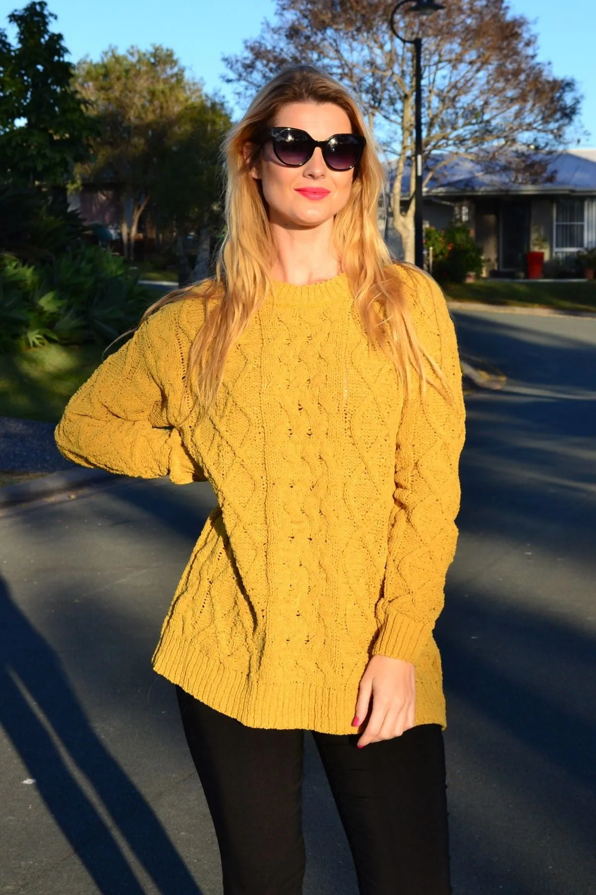 Mustard Yellow Chain Stitch Knit Tunic Jumper