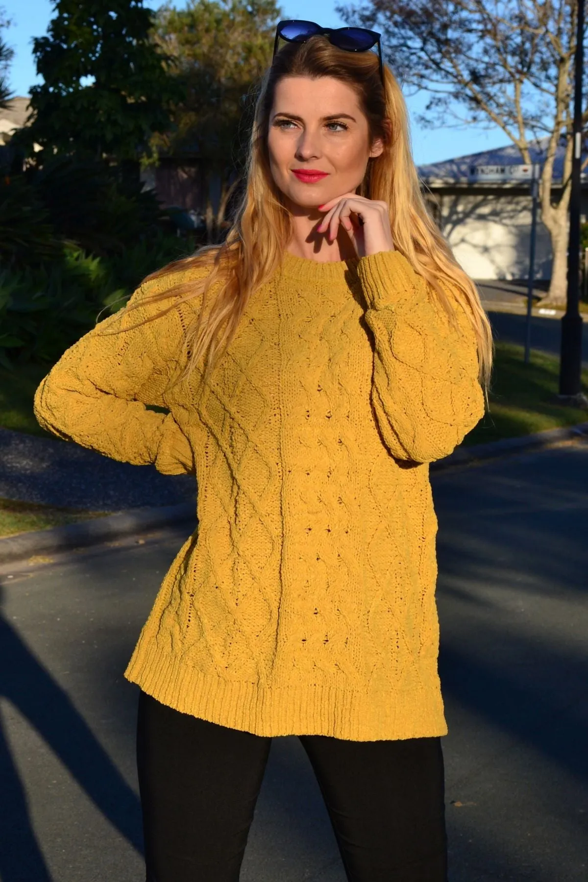 Mustard Yellow Chain Stitch Knit Tunic Jumper