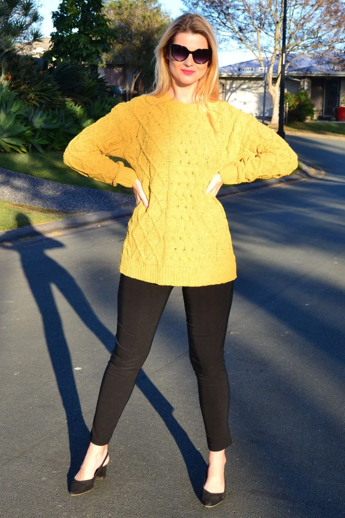 Mustard Yellow Chain Stitch Knit Tunic Jumper