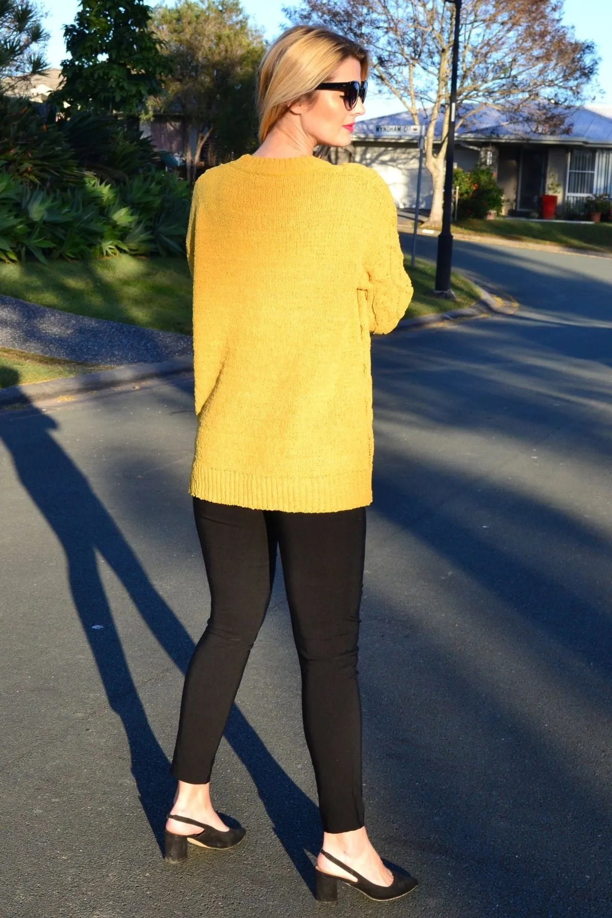 Mustard Yellow Chain Stitch Knit Tunic Jumper