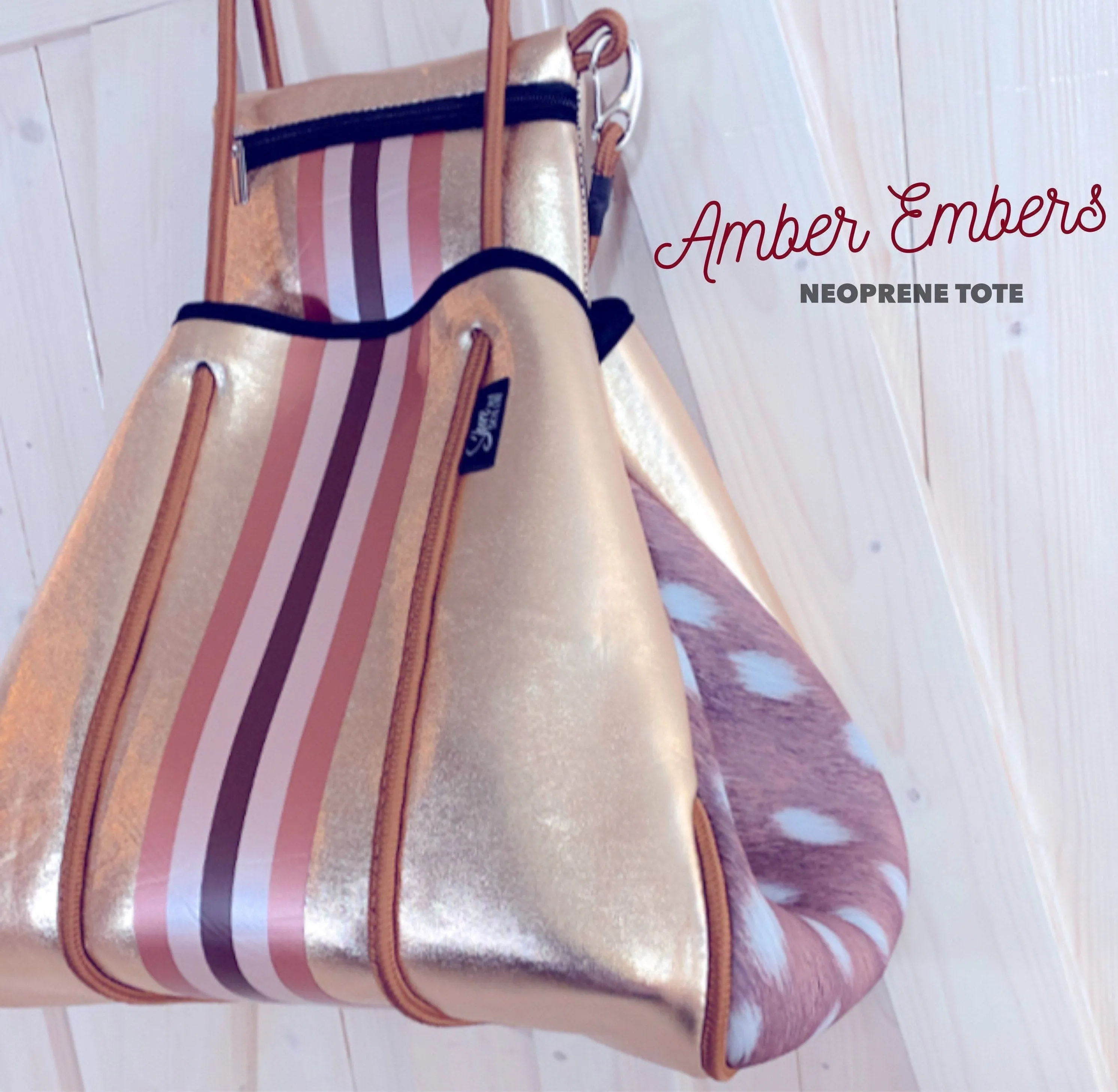 NWT © Amber Embers smooth blushed bronze lit metallic neoprene TOTE w auburn fawn snap sides   rouged amber & chocolate brown racing stripe