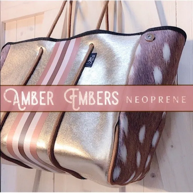 NWT © Amber Embers smooth blushed bronze lit metallic neoprene TOTE w auburn fawn snap sides   rouged amber & chocolate brown racing stripe