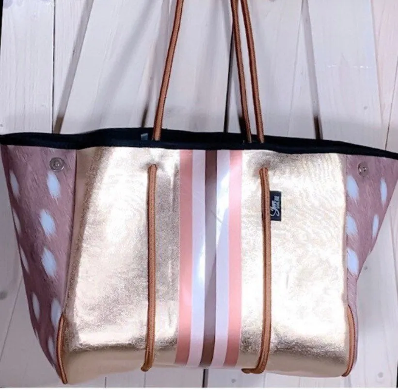 NWT © Amber Embers smooth blushed bronze lit metallic neoprene TOTE w auburn fawn snap sides   rouged amber & chocolate brown racing stripe