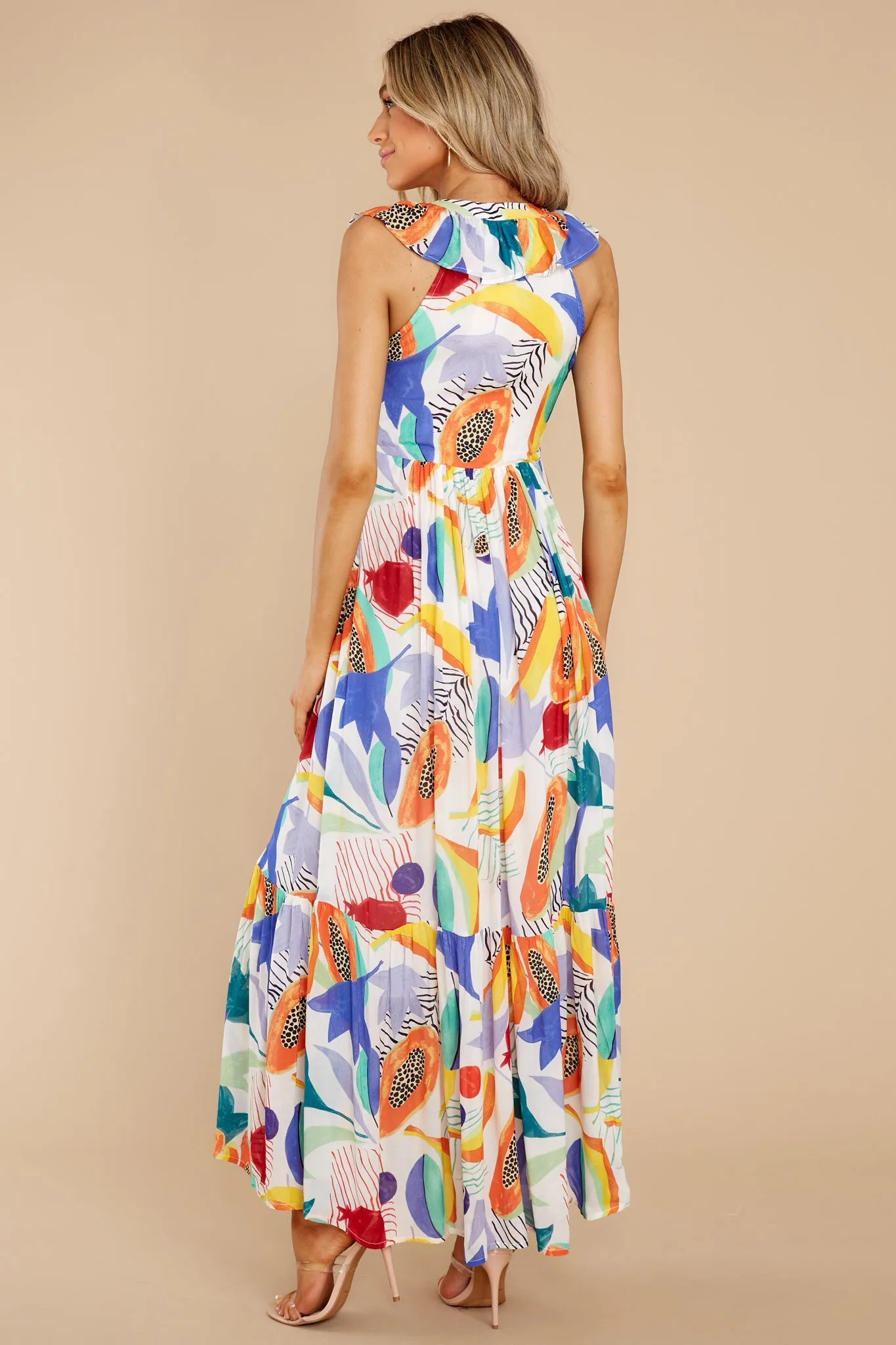 Papaya Yellow Ruffle V-Neck Maxi Dress