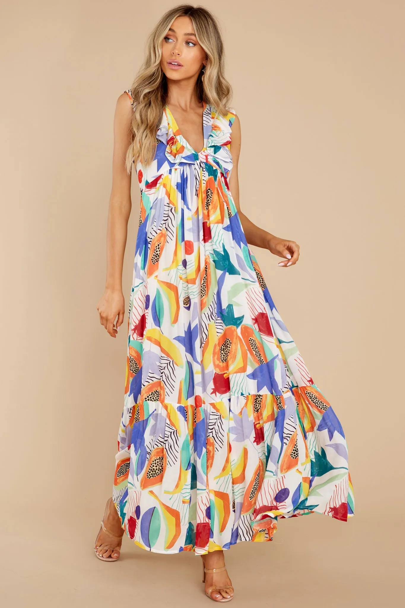 Papaya Yellow Ruffle V-Neck Maxi Dress