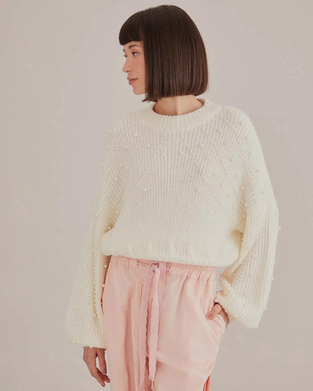 Pearl Embroidered Bubble Sweater