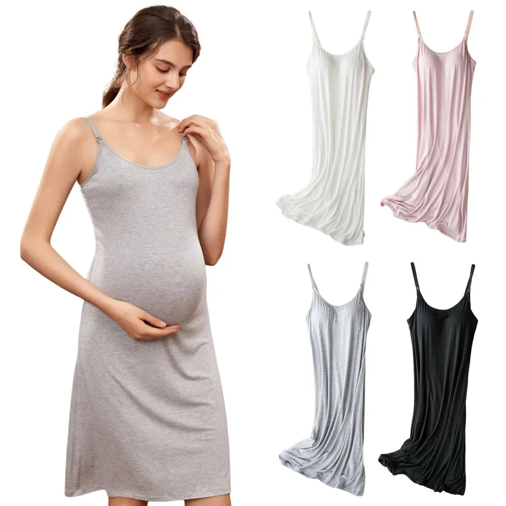 Pregnancy Mother Nursing Nightgown Loose Strappy Dresses Summer Sleeveelss Breastfeeding Sleepwear With Padded