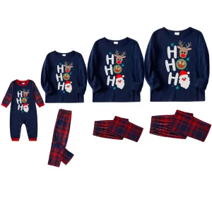 "HO HO HO" Letter Print Blue Long Sleeve Top with Red & Blue Plaid Christmas Family Matching Pajamas