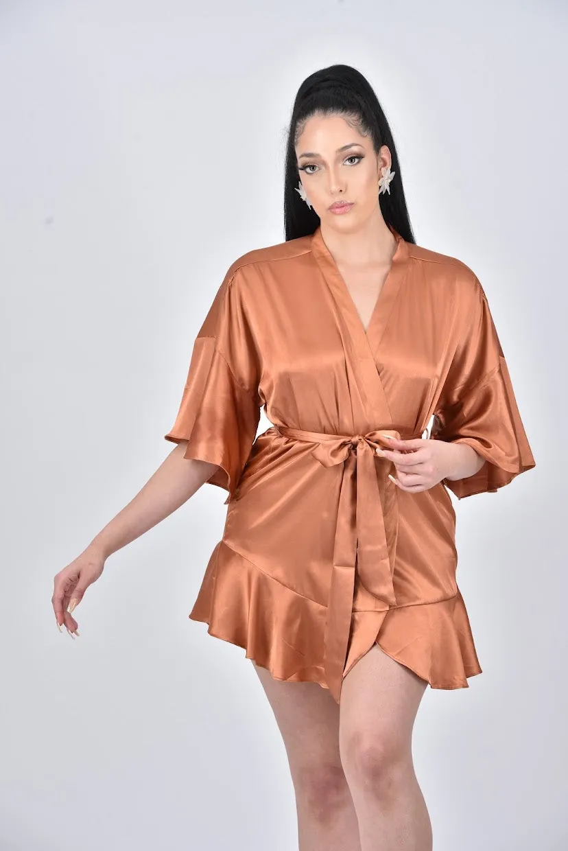 REBECCA Flared Kimono Peplum Sleeve Hem Bridesmaids Dressing Gown Robe - Rust/Burnt Orange