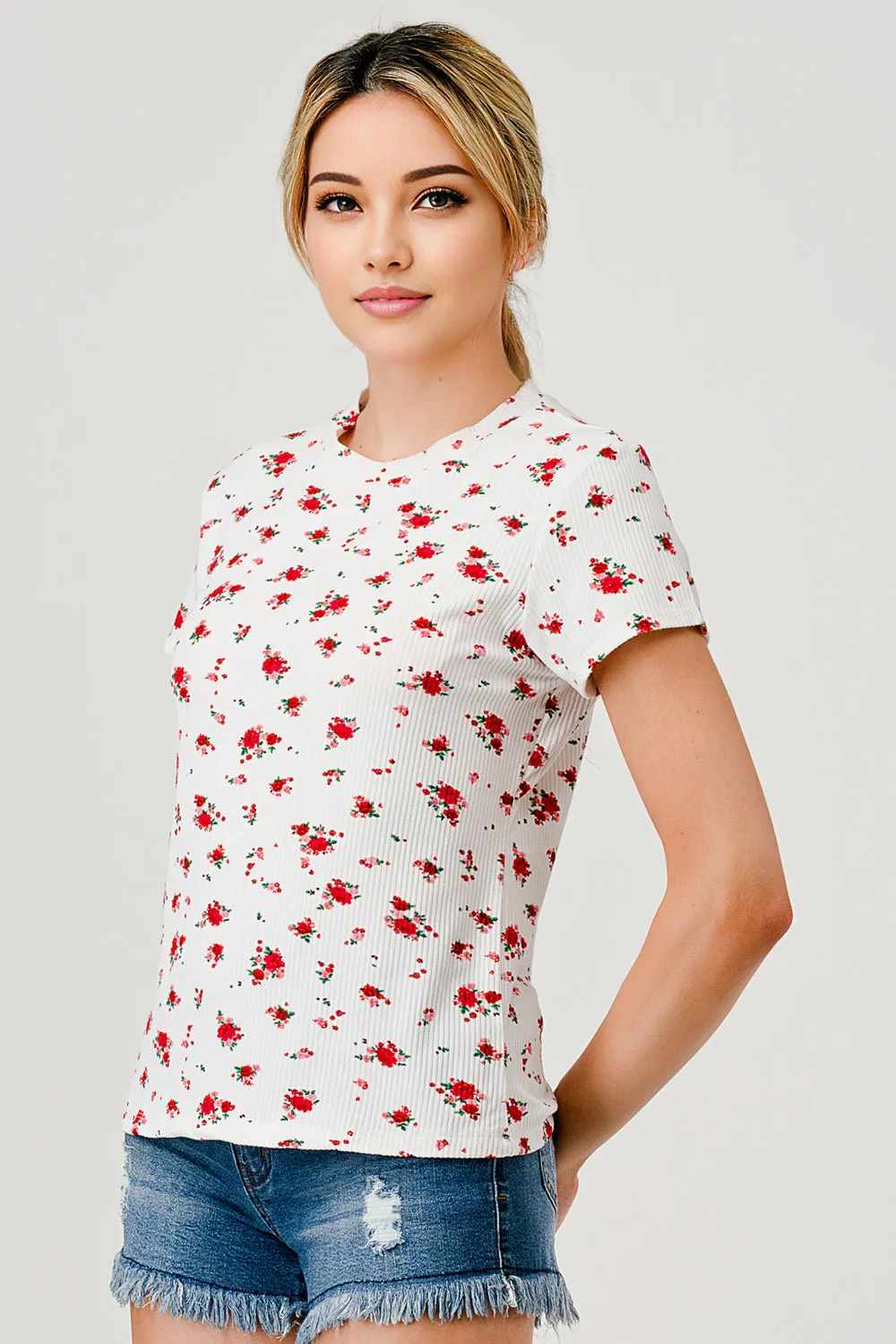 Rib Knit Short Sleeve Tops With Matching Scrunchie - White, Red Floral