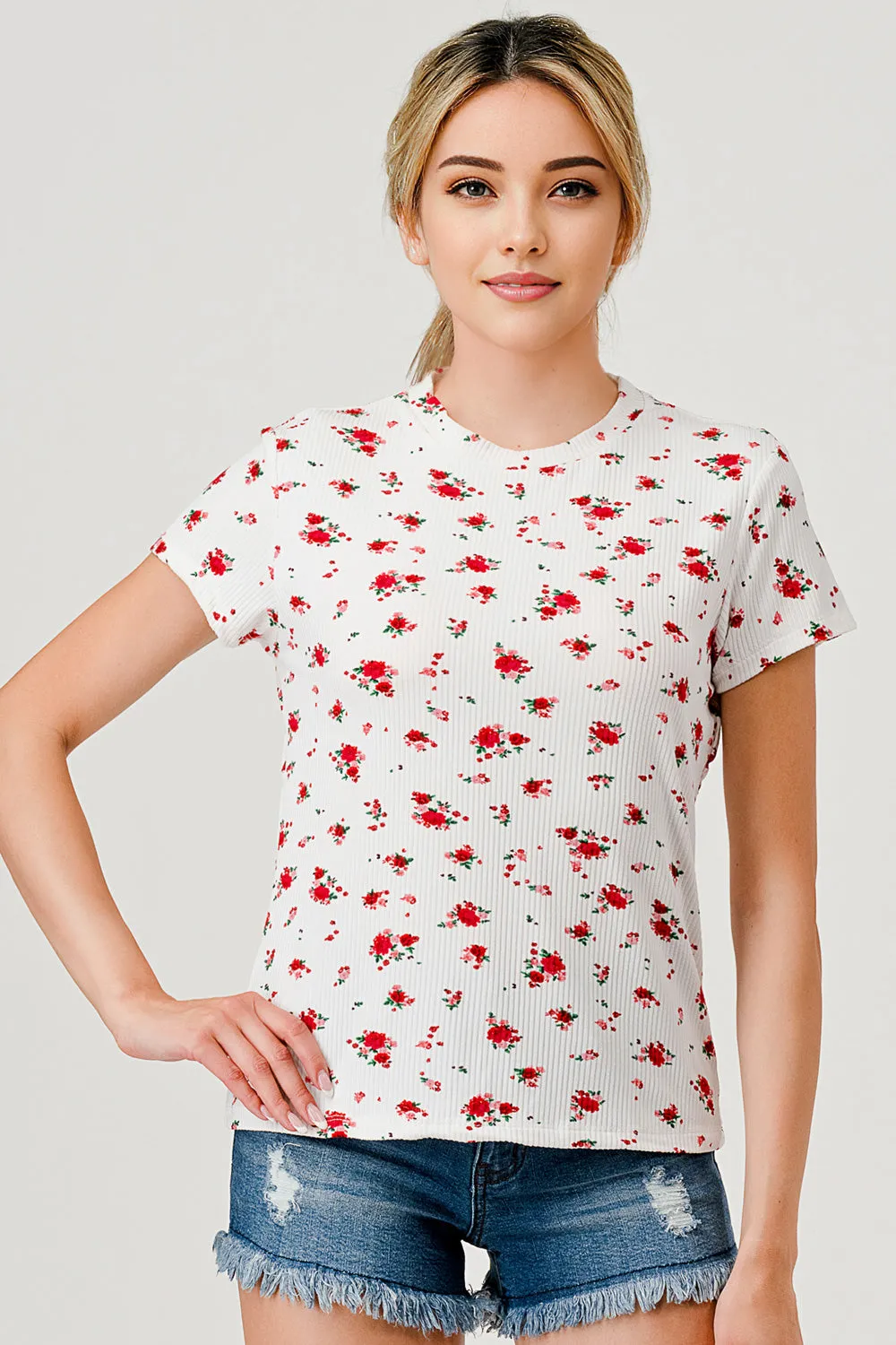 Rib Knit Short Sleeve Tops With Matching Scrunchie - White, Red Floral