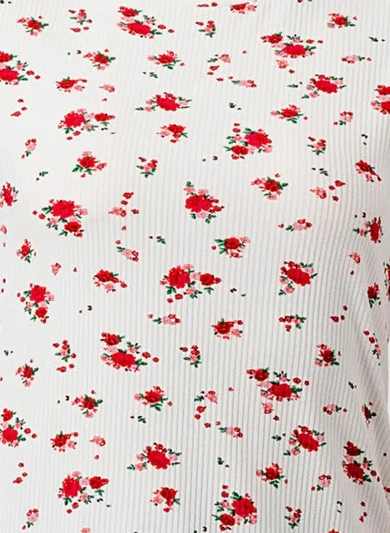 Rib Knit Short Sleeve Tops With Matching Scrunchie - White, Red Floral