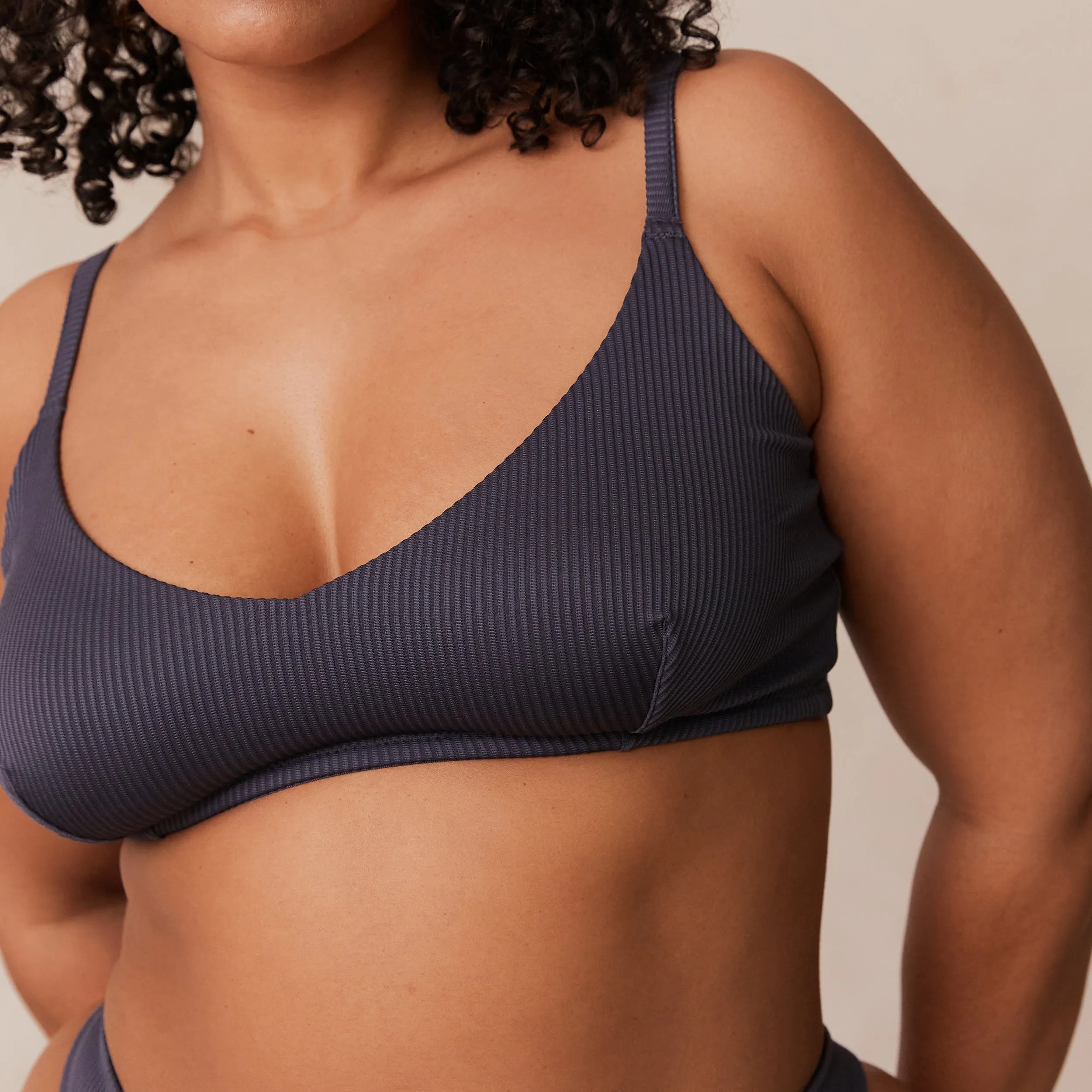 Ribbed Triangle Bra  - Charcoal Blue