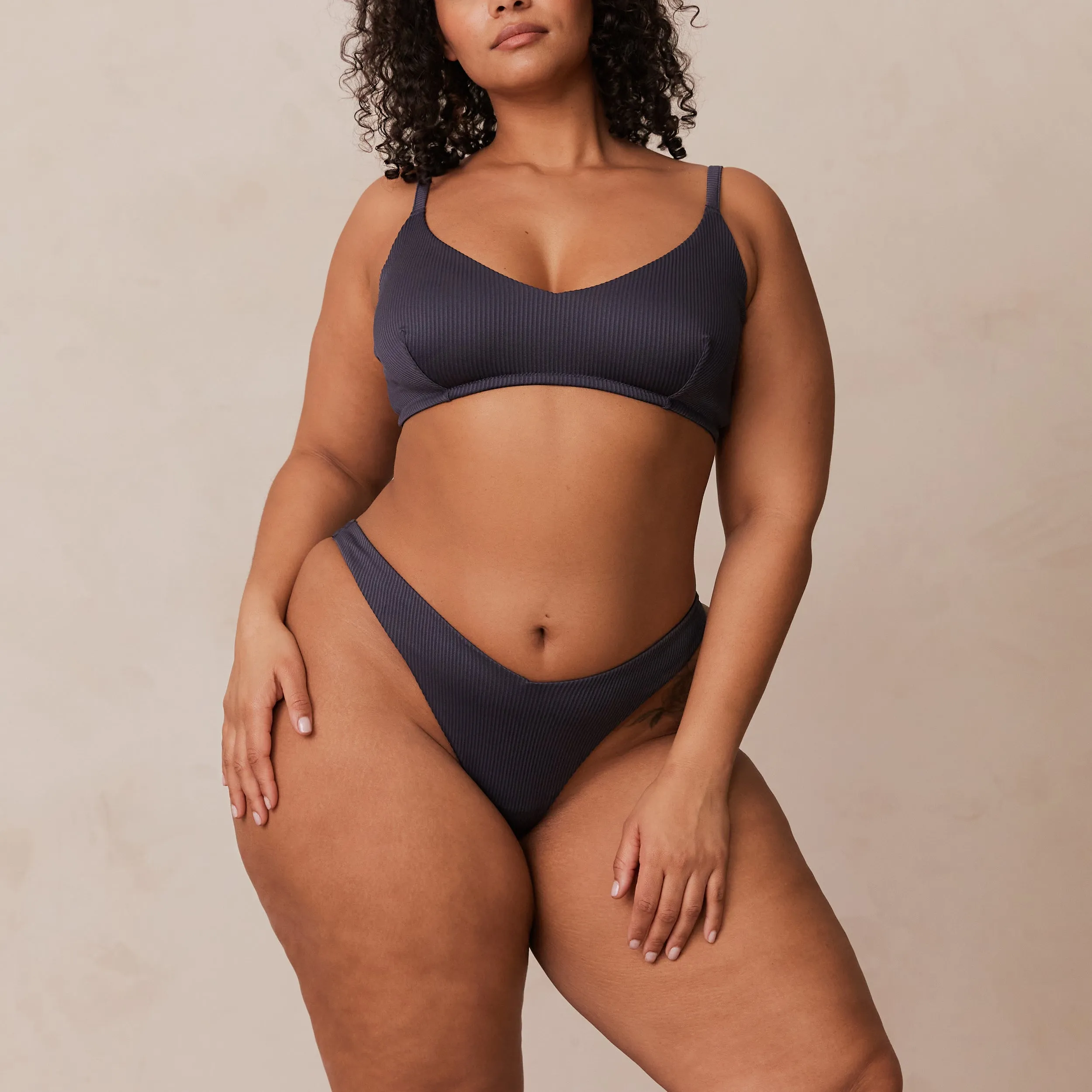 Ribbed Triangle Bra  - Charcoal Blue