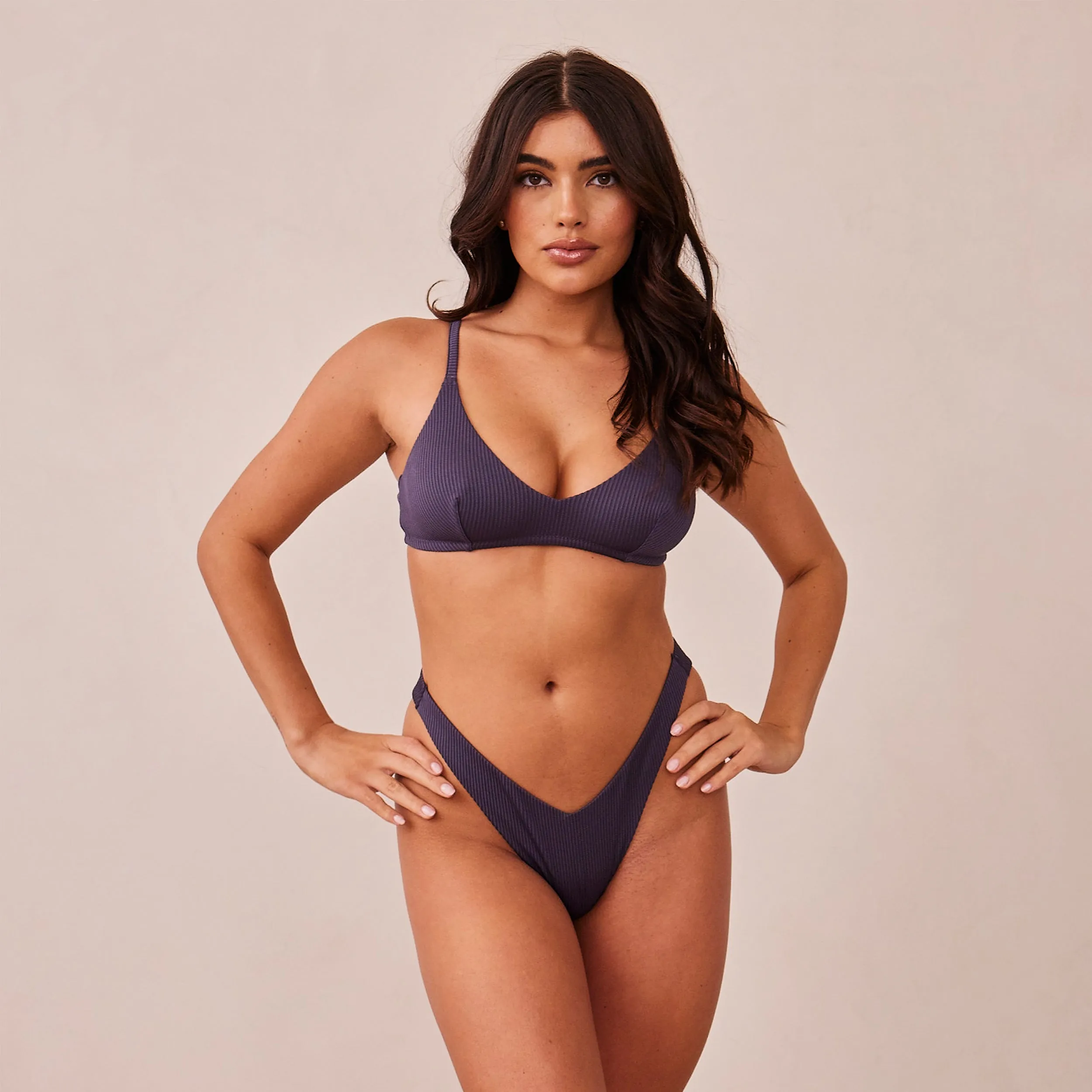 Ribbed Triangle Bra  - Charcoal Blue