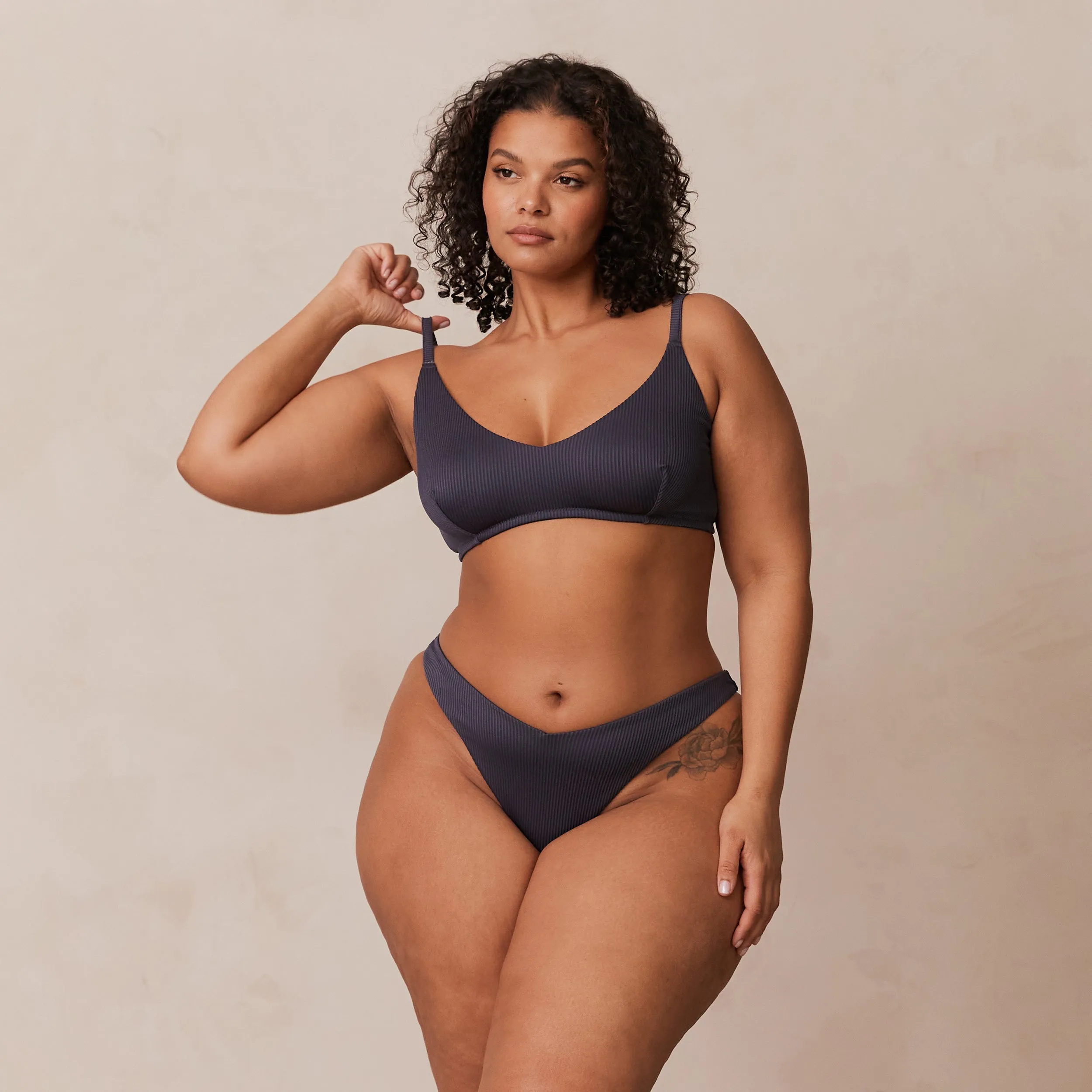 Ribbed Triangle Bra  - Charcoal Blue