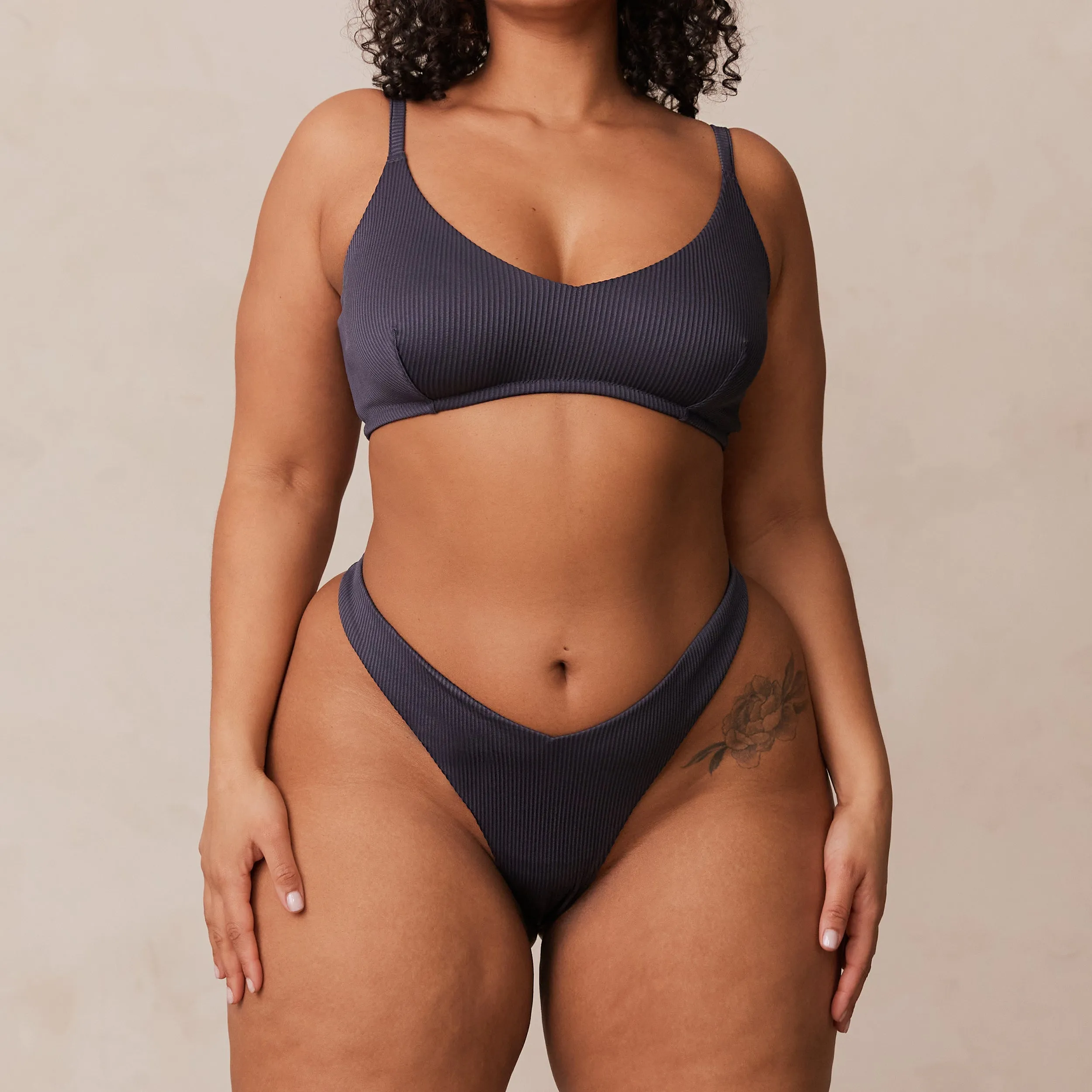 Ribbed Triangle Bra  - Charcoal Blue