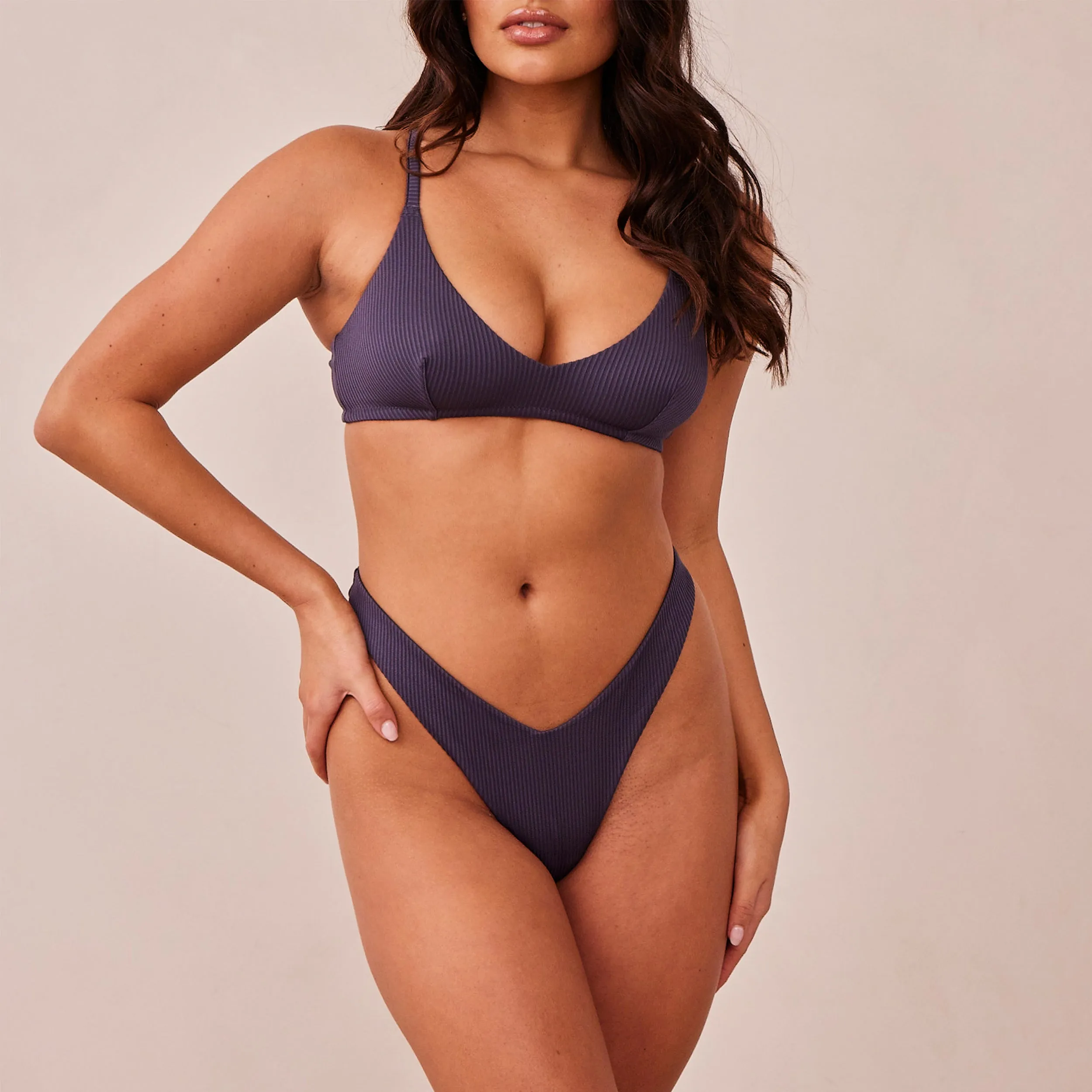 Ribbed Triangle Bra  - Charcoal Blue