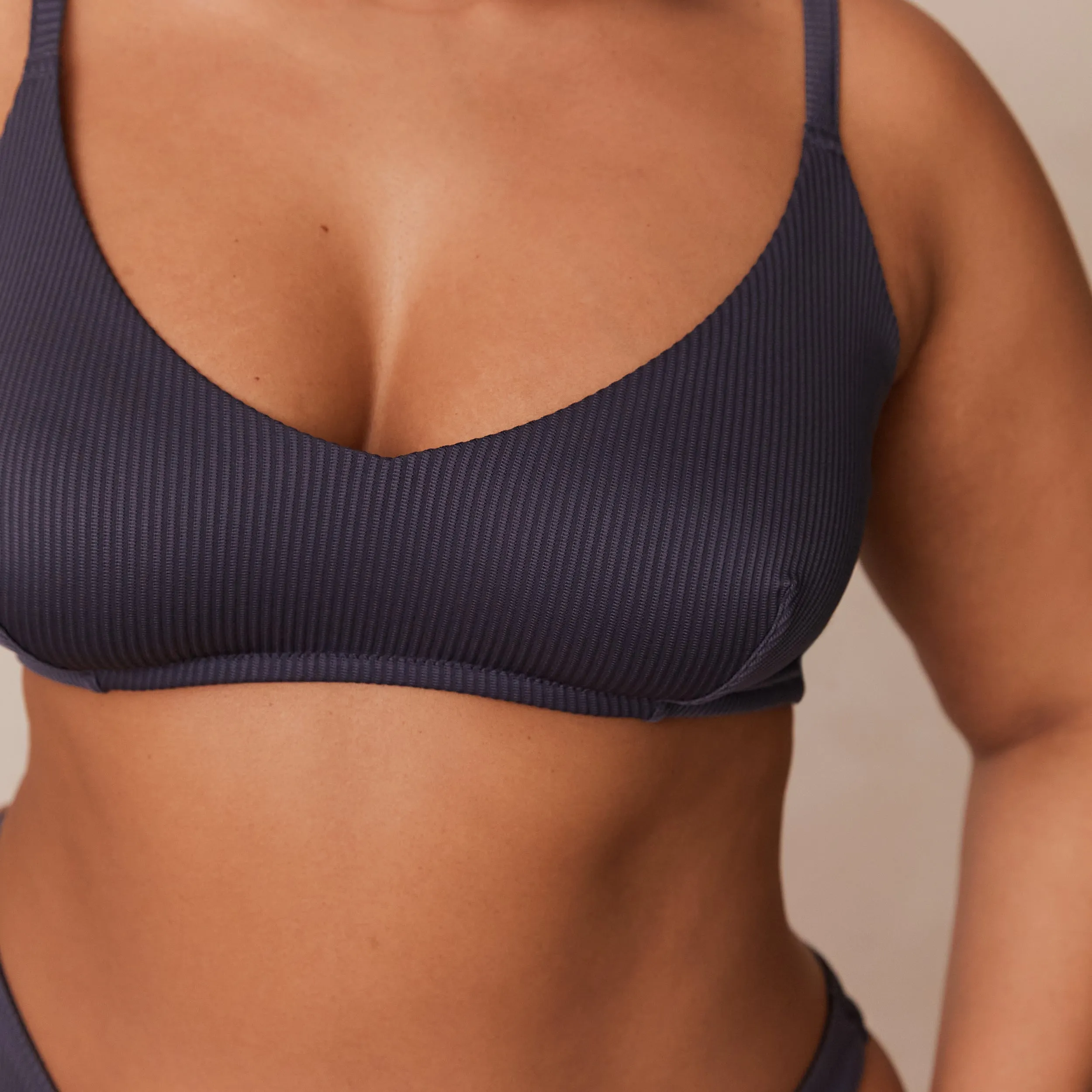 Ribbed Triangle Bra  - Charcoal Blue