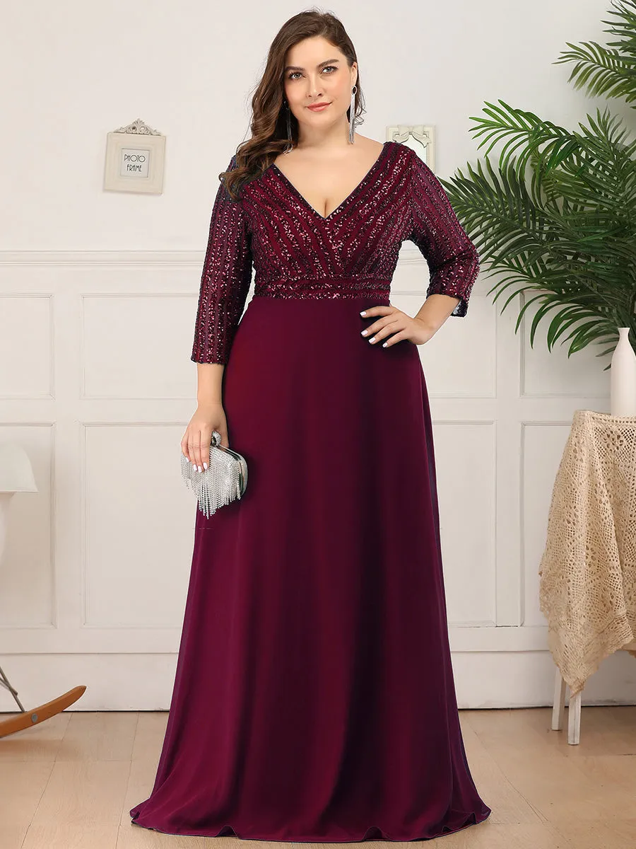 Robe de Soirée Longue Sexy à Col en V et Paillettes avec Manches 3/4