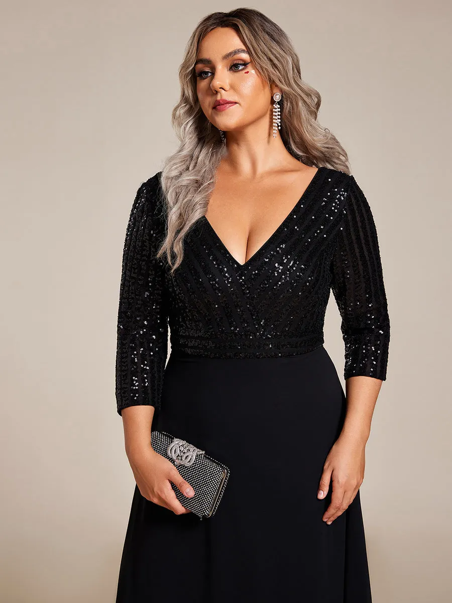 Robe de Soirée Longue Sexy à Col en V et Paillettes avec Manches 3/4