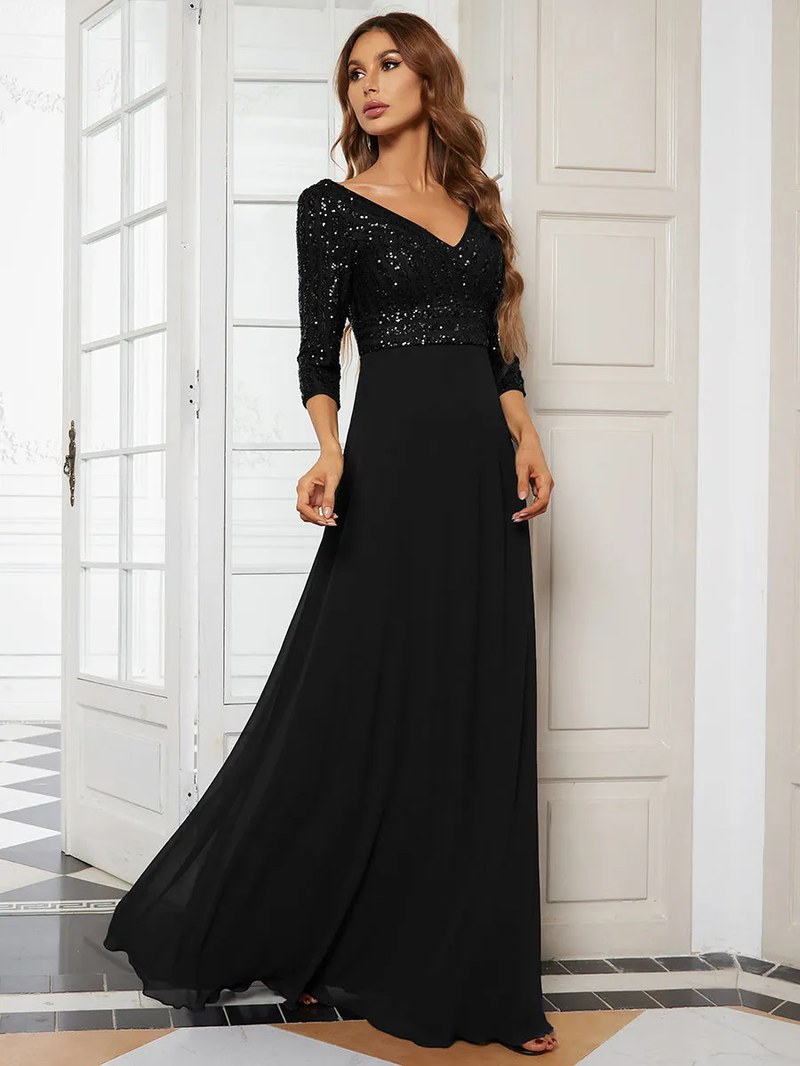 Robe de Soirée Longue Sexy à Col en V et Paillettes avec Manches 3/4