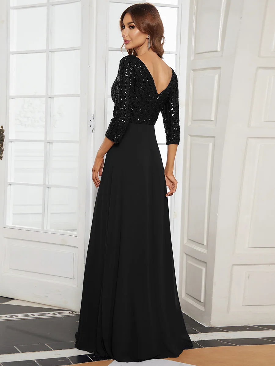 Robe de Soirée Longue Sexy à Col en V et Paillettes avec Manches 3/4