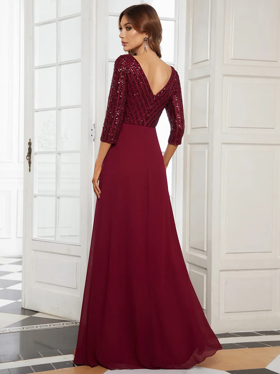 Robe de Soirée Longue Sexy à Col en V et Paillettes avec Manches 3/4