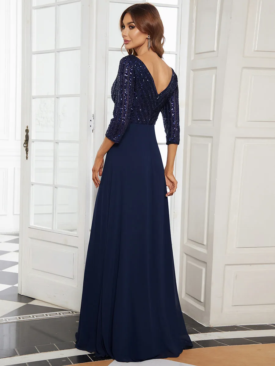 Robe de Soirée Longue Sexy à Col en V et Paillettes avec Manches 3/4