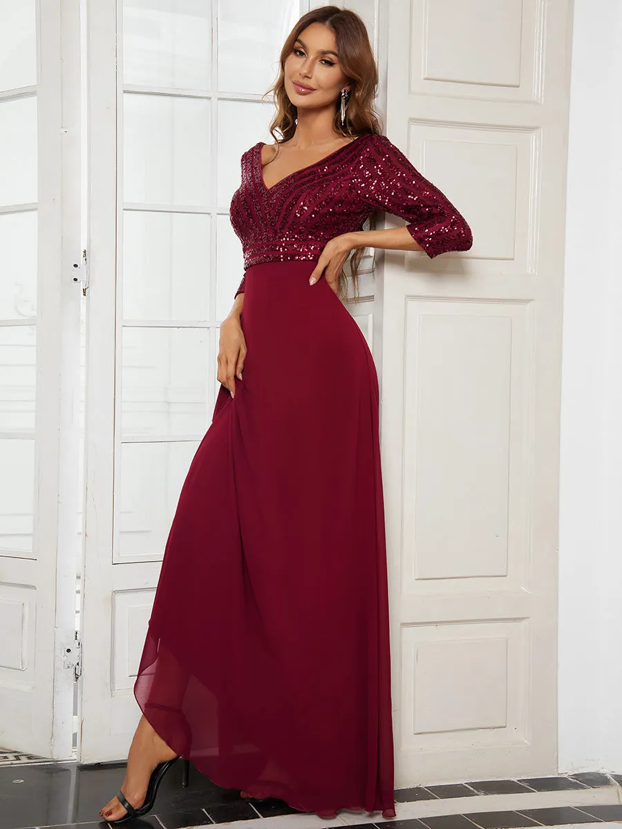 Robe de Soirée Longue Sexy à Col en V et Paillettes avec Manches 3/4