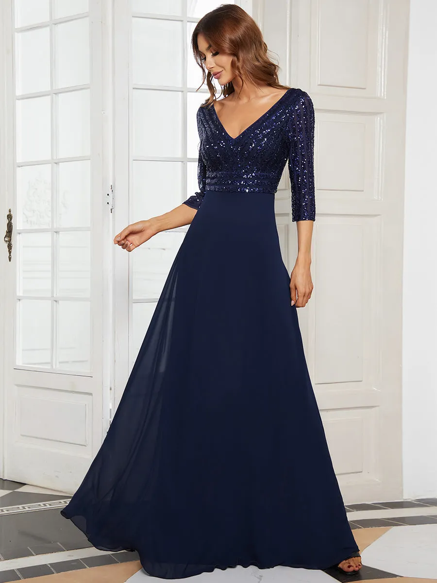 Robe de Soirée Longue Sexy à Col en V et Paillettes avec Manches 3/4