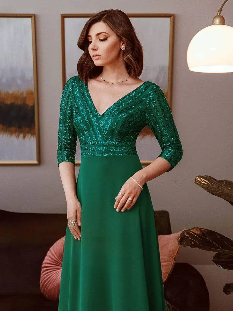 Robe de Soirée Longue Sexy à Col en V et Paillettes avec Manches 3/4