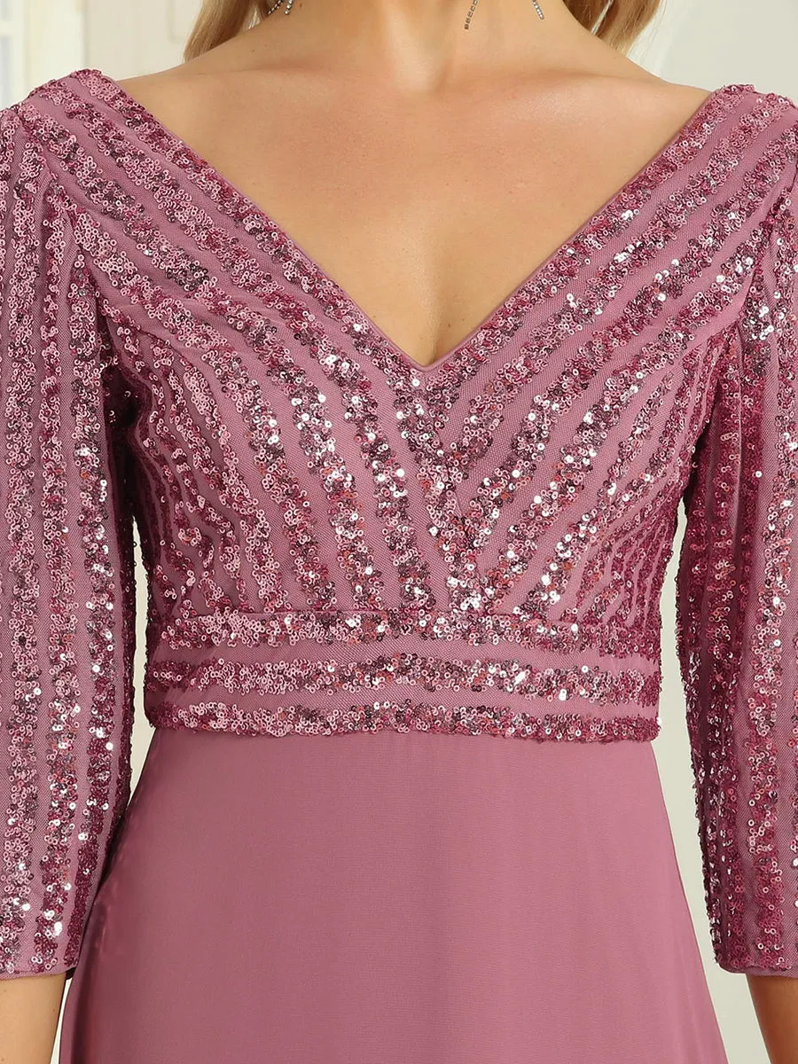 Robe de Soirée Longue Sexy à Col en V et Paillettes avec Manches 3/4