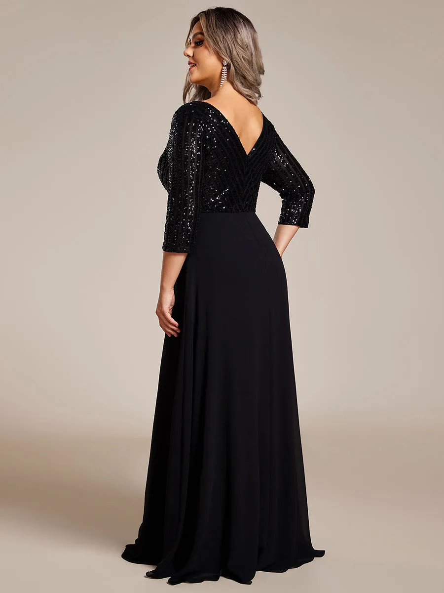 Robe de Soirée Longue Sexy à Col en V et Paillettes avec Manches 3/4