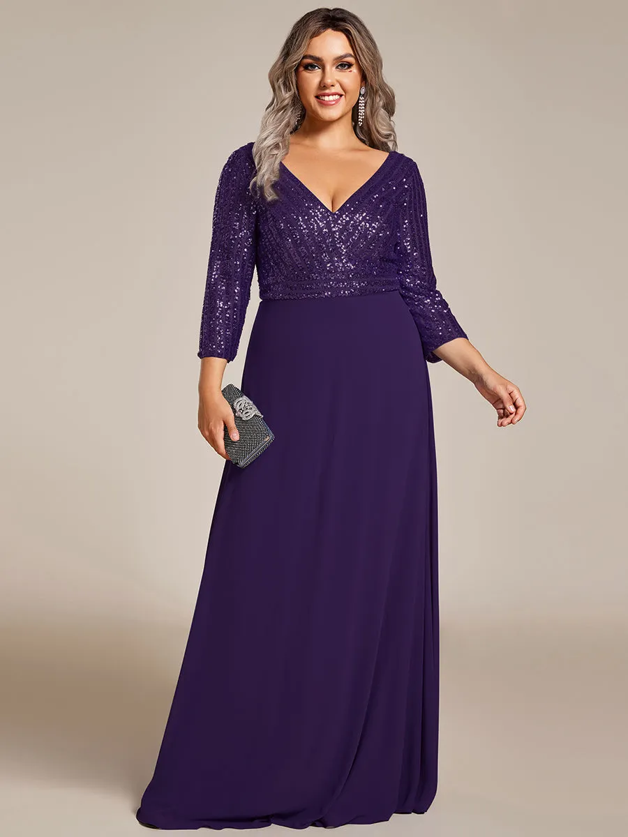 Robe de Soirée Longue Sexy à Col en V et Paillettes avec Manches 3/4