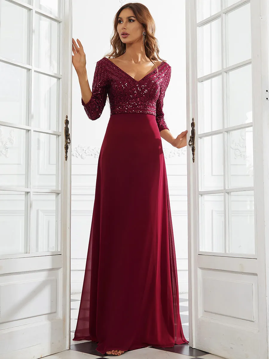 Robe de Soirée Longue Sexy à Col en V et Paillettes avec Manches 3/4